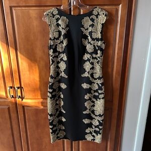Tadashi Shoji Black Sheath Dress with Gold Flower Embroidery Size 10